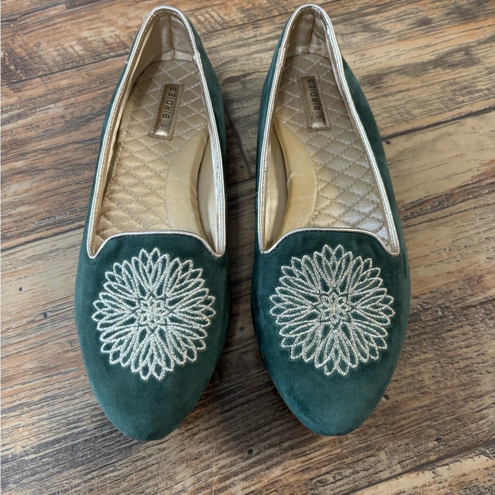 Birdies Emerald Green Floral Embroidered Flats